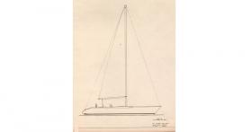 This drawing shows above-water-line profile and sail plan dimensions.
